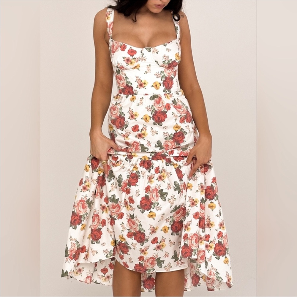 HOUSE OF CB M D-DD Elia Italian Rose Print Cotton Midi Sundress nwot